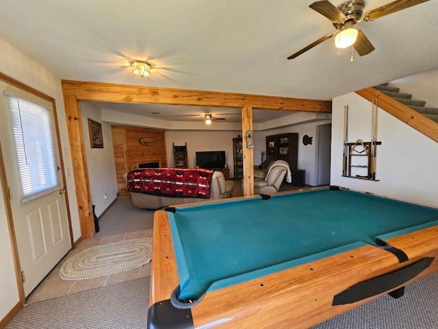 19319 Elsie Way NW, Bemidji, MN 56601 - game room featuring tile patterned floors, carpet, a ceiling fan, and pool table