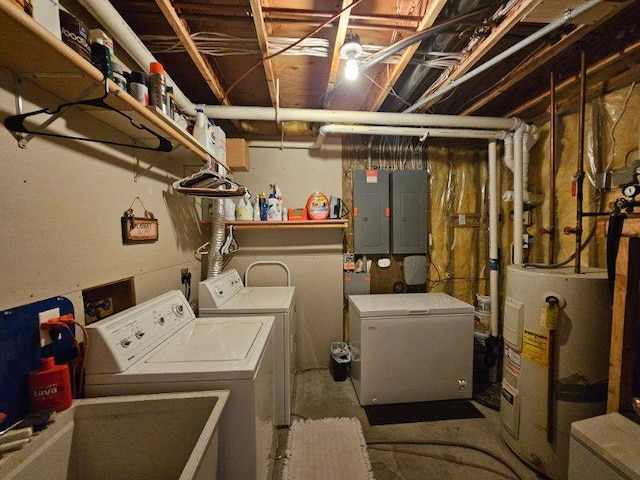 19319 Elsie Way NW, Bemidji, MN 56601 - laundry area with electric water heater, washing machine and dryer, electric panel, and laundry area