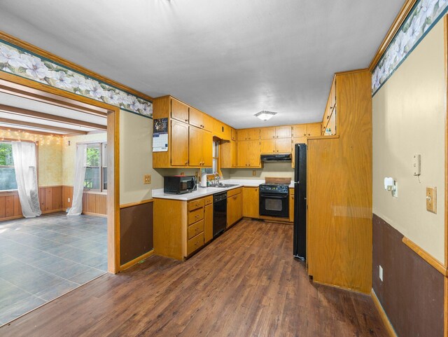 1716 9th Ave SE, Saint Cloud, MN 56304 - kitchen with black appliances, under cabinet range hood, wainscoting, a sink, and light countertops