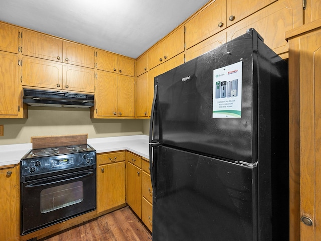 1716 9th Ave SE, Saint Cloud, MN 56304 - kitchen with black appliances, under cabinet range hood, wood finished floors, and light countertops