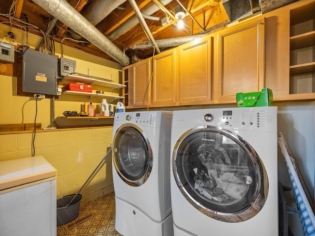 1716 9th Ave SE, Saint Cloud, MN 56304 - laundry area featuring cabinet space, separate washer and dryer, electric panel, and concrete block wall