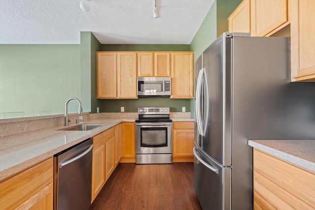 kitchen featuring a textured ceiling, stainless steel appliances, light brown cabinetry, and a sink