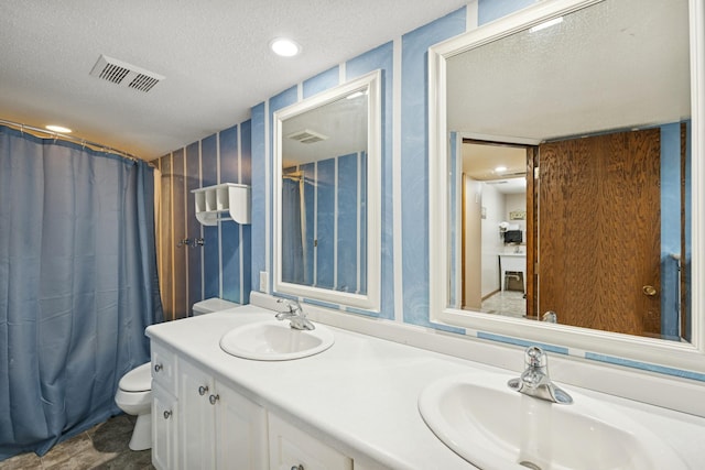 14129 Quay St NW, Andover, MN 55304 - bathroom featuring a textured ceiling, double vanity, toilet, and a shower with curtain
