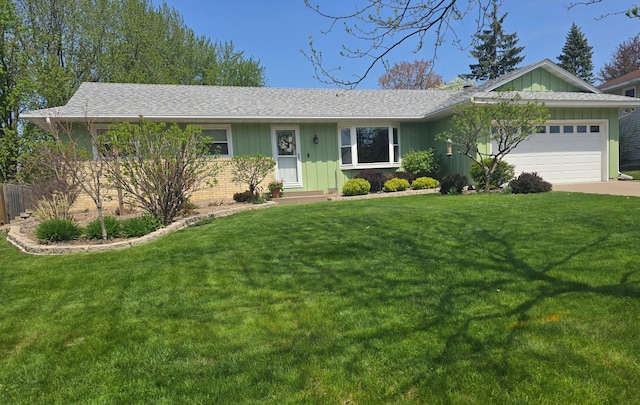 single story home featuring board and batten siding, a garage, a front yard, concrete driveway, and roof with shingles