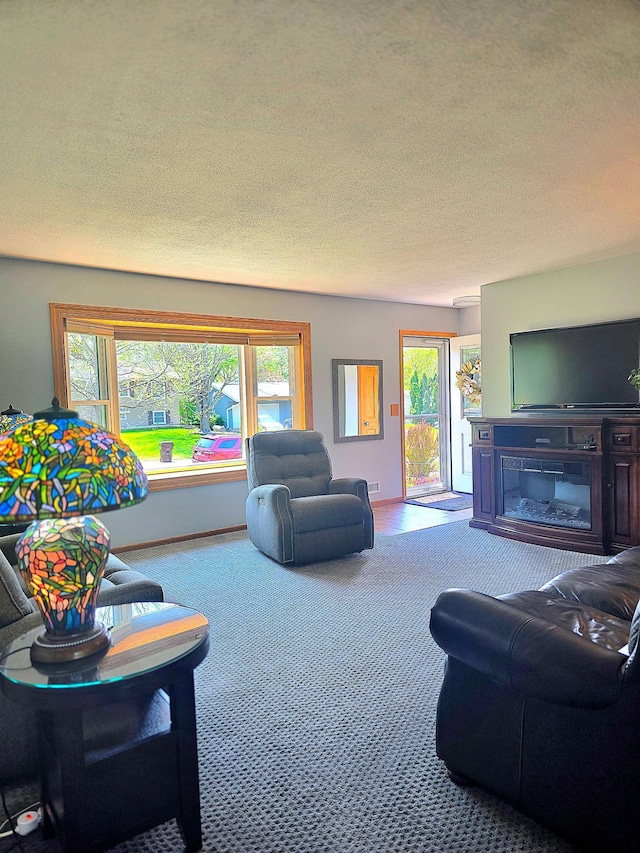 living area with carpet floors, healthy amount of natural light, and a textured ceiling