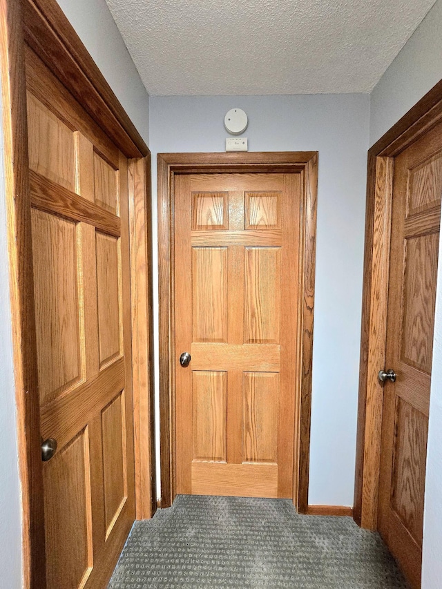 hall featuring carpet flooring and a textured ceiling
