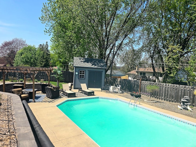view of swimming pool featuring a pergola, a fenced backyard, an outdoor hangout area, a patio area, and an outdoor structure