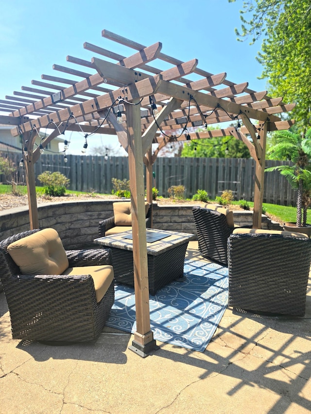 view of patio with an outdoor hangout area, a pergola, and a fenced backyard