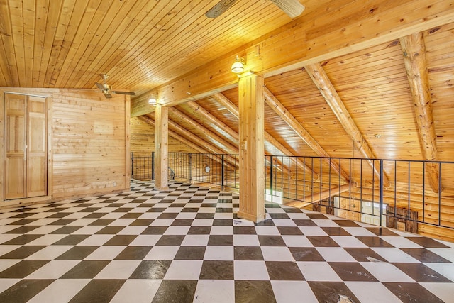 bonus room with wooden ceiling, wooden walls, and tile patterned floors