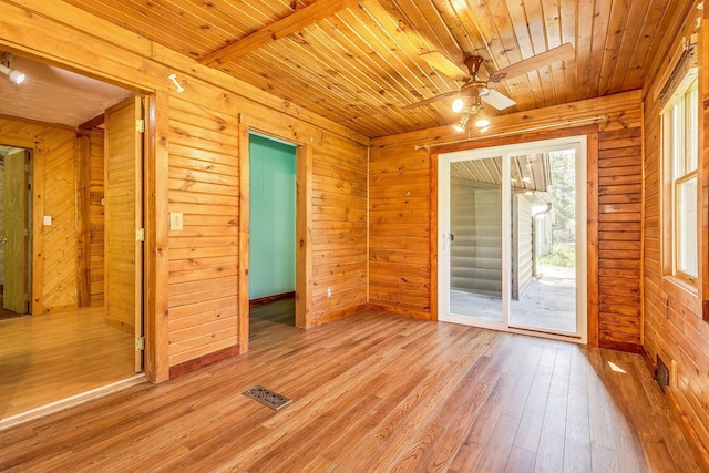 spare room with wood ceiling, wooden walls, light wood-type flooring, and ceiling fan