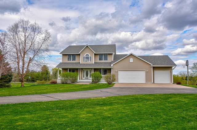 347 Glover Rd, Troy Twp, WI 54022 - view of front of house with an attached garage, aphalt driveway, a front lawn, a porch, and roof with shingles