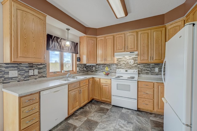 347 Glover Rd, Troy Twp, WI 54022 - kitchen with under cabinet range hood, decorative backsplash, white appliances, and a sink
