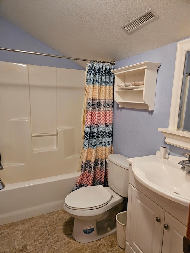 36282 Rush Lake Loop Unit 29A, Ottertail, MN 56571 - bathroom featuring toilet, shower / bath combination with curtain, vanity, a textured ceiling, and tile patterned floors