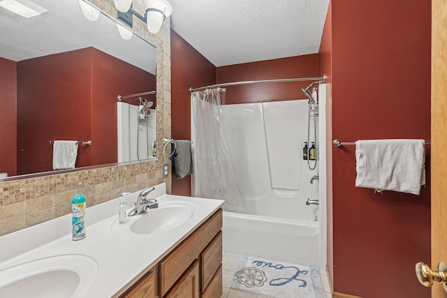 full bathroom featuring a textured ceiling, tile patterned flooring, double vanity, and shower / bath combination with curtain