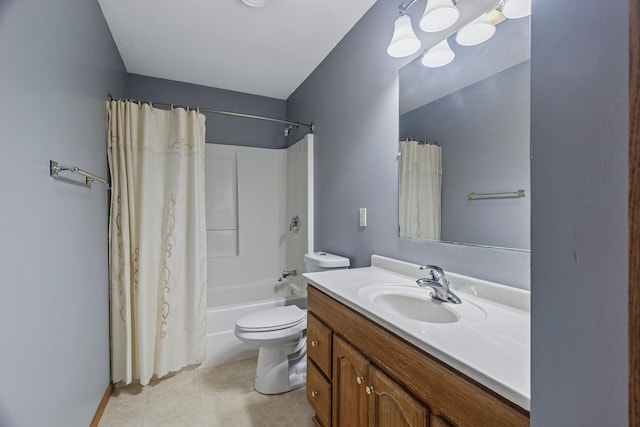 full bath featuring toilet, vanity, shower / bath combination with curtain, and tile patterned flooring