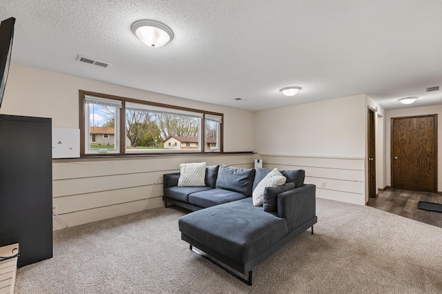 2409 Highland View Ave S, Burnsville, MN 55337 - living room featuring carpet flooring and a textured ceiling