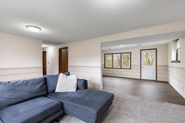 2409 Highland View Ave S, Burnsville, MN 55337 - living room with a textured ceiling, carpet, wainscoting, and wood finished floors