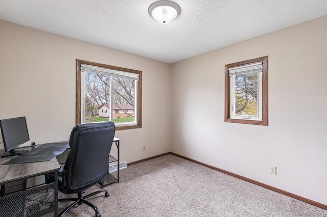 2409 Highland View Ave S, Burnsville, MN 55337 - home office with healthy amount of natural light, carpet floors, baseboards, and a textured ceiling