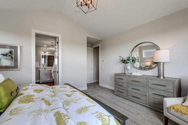 10833 38th Trl N, Lake Elmo, MN 55042 - bedroom featuring a chandelier, lofted ceiling, carpet, baseboards, and ensuite bath