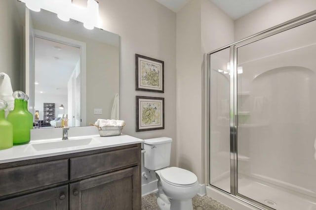 10833 38th Trl N, Lake Elmo, MN 55042 - bathroom featuring a stall shower, toilet, vanity, and baseboards