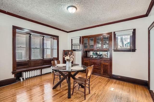 dining space with light wood-type flooring, a wealth of natural light, a textured ceiling, and radiator heating unit