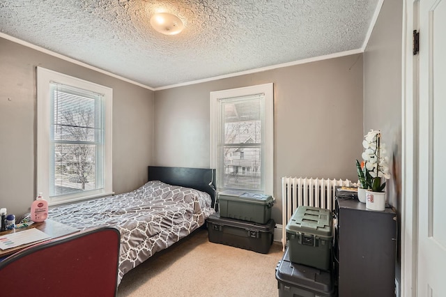 carpeted bedroom with radiator, multiple windows, crown molding, and a textured ceiling
