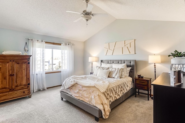 1103 Park Ln SE, New Prague, MN 56071 - bedroom featuring light carpet, lofted ceiling, ceiling fan, and a textured ceiling