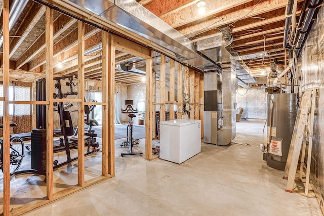 1103 Park Ln SE, New Prague, MN 56071 - unfinished basement featuring water heater, refrigerator, and heating unit