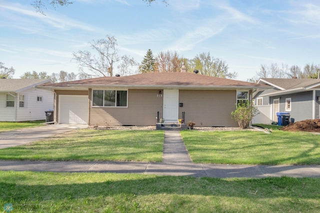 single story home with a garage, driveway, a front lawn, and a chimney