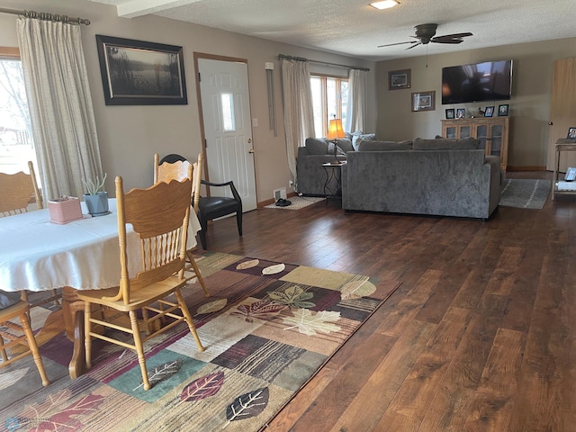 101 Oak St, Lisbon, ND 58054 - living room featuring dark wood-type flooring, a ceiling fan, a textured ceiling, and baseboards