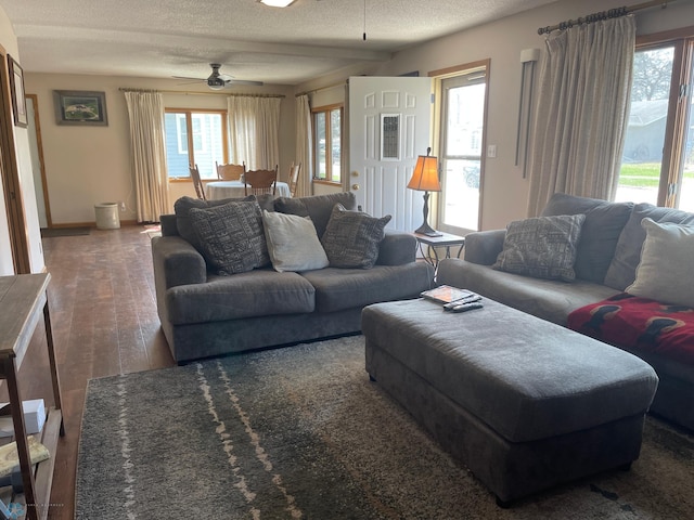 101 Oak St, Lisbon, ND 58054 - living area with a textured ceiling, ceiling fan, plenty of natural light, and wood finished floors