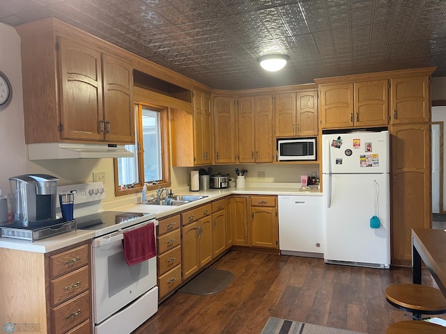 101 Oak St, Lisbon, ND 58054 - kitchen with white appliances, a sink, under cabinet range hood, light countertops, and an ornate ceiling