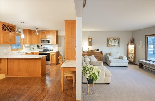 living area with a ceiling fan and wood-type flooring
