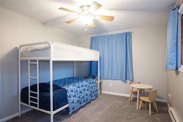 carpeted bedroom featuring a ceiling fan, baseboards, and a baseboard radiator