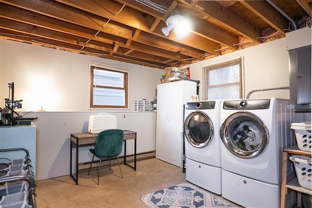 laundry area featuring electric panel, washing machine and dryer, and laundry area