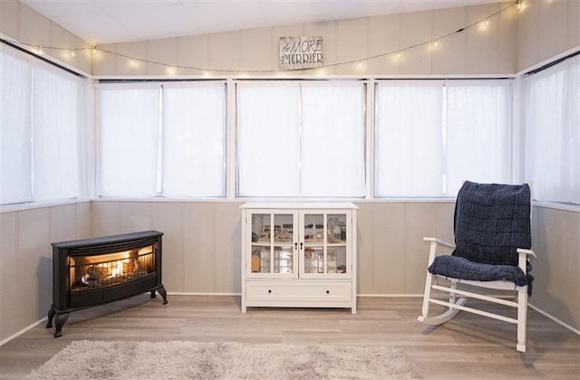 living area featuring baseboards, a wood stove, and light wood-style floors