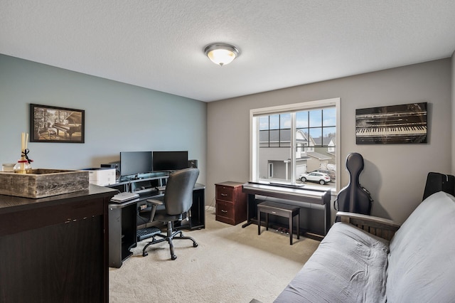 office space featuring light carpet and a textured ceiling