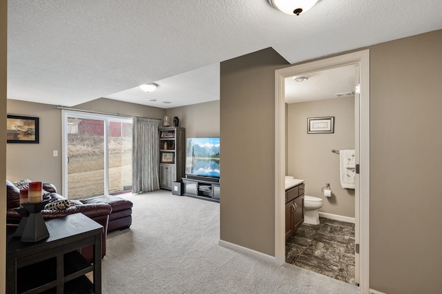 living room featuring a textured ceiling, carpet, and baseboards