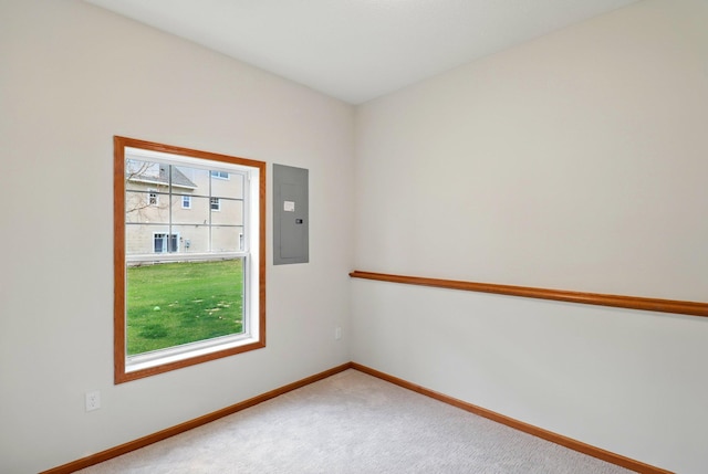 spare room featuring baseboards, carpet flooring, and electric panel