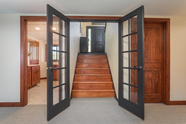 5123 Green Meadow Rd SE, Osakis, MN 56360 - staircase featuring carpet flooring, french doors, and baseboards