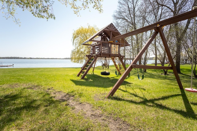 5123 Green Meadow Rd SE, Osakis, MN 56360 - view of jungle gym with a water view and a lawn