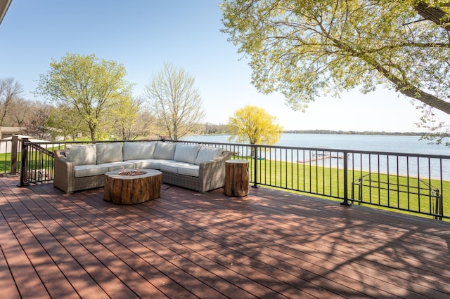 5123 Green Meadow Rd SE, Osakis, MN 56360 - wooden terrace with a water view and an outdoor living space with a fire pit