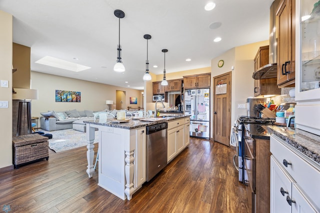 kitchen with stainless steel appliances, a skylight, open floor plan, a sink, and dark wood-style floors