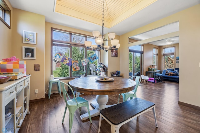 dining room with a tray ceiling, baseboards, dark wood-type flooring, and a chandelier
