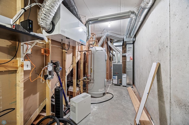 unfinished basement with water heater and heating unit