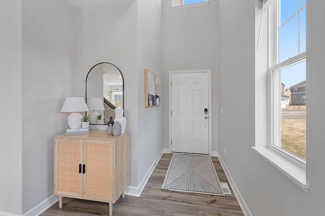 foyer entrance with a towering ceiling, plenty of natural light, wood finished floors, and baseboards