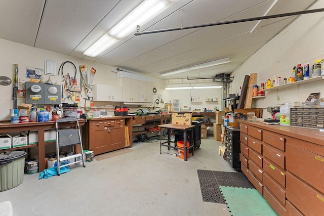 garage featuring a workshop area