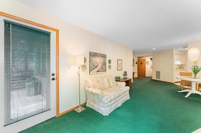 carpeted living area with baseboards and a textured ceiling