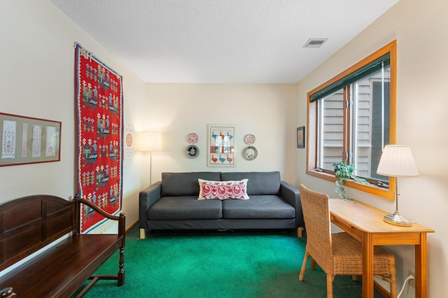 carpeted living room with a textured ceiling