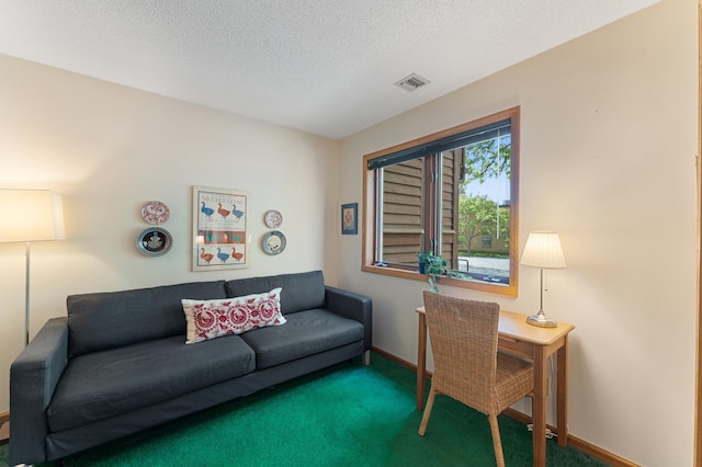 living area featuring carpet floors, a textured ceiling, and baseboards